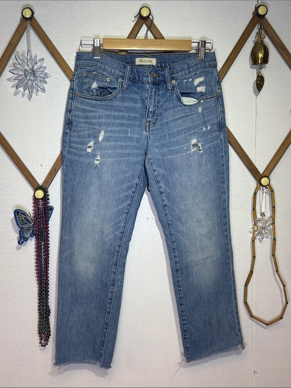 Madewell Medium Blue Ripped Cropped Straight Jeans